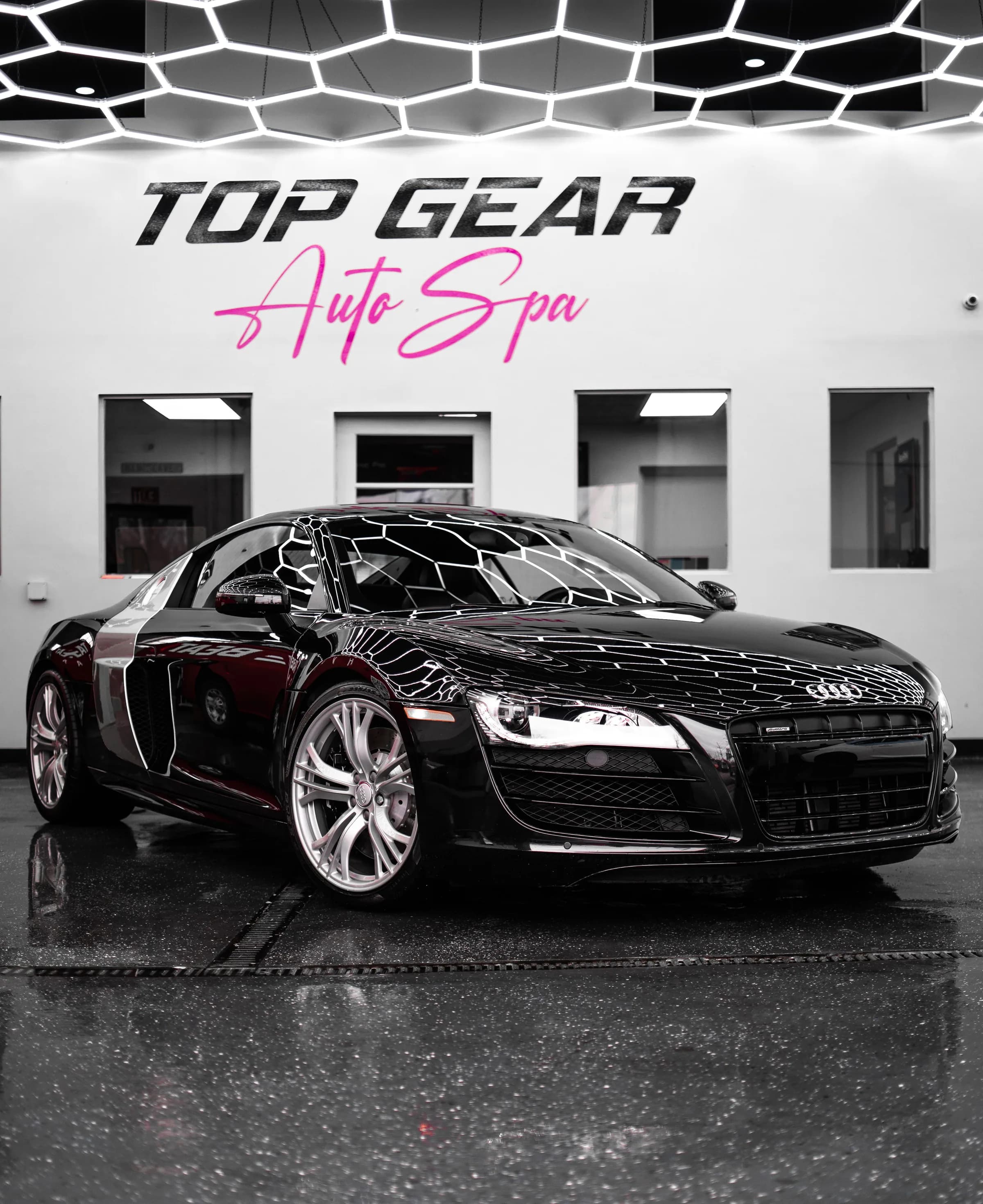 Gloss black Audi R8 protected with XPEL Ultimate Plus paint protection film